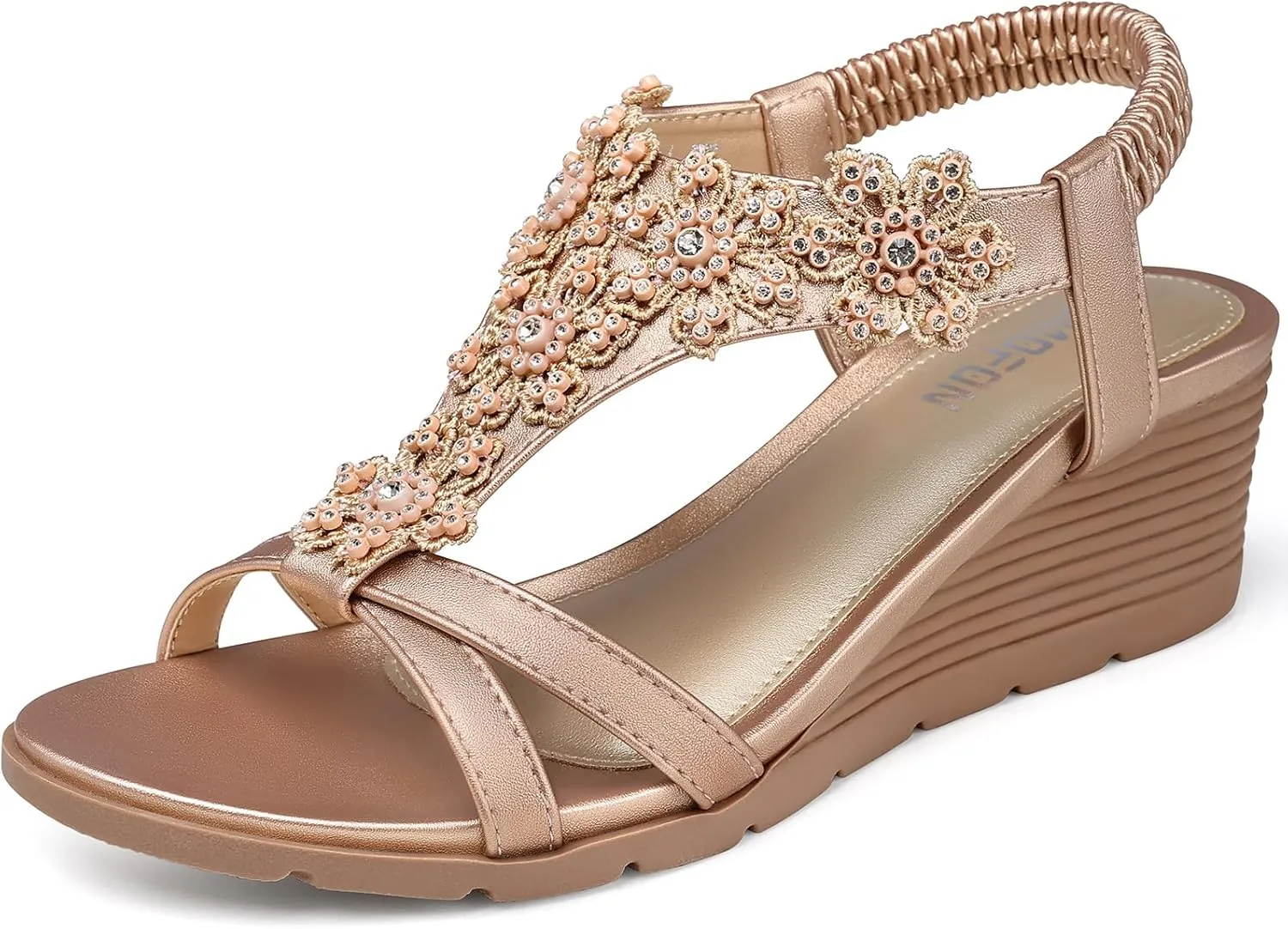 TEMOFON Women's Low Wedge Heels Summer Dressy Platform Sandals Elastic Ankle Strap Open Toe Flower Shoes