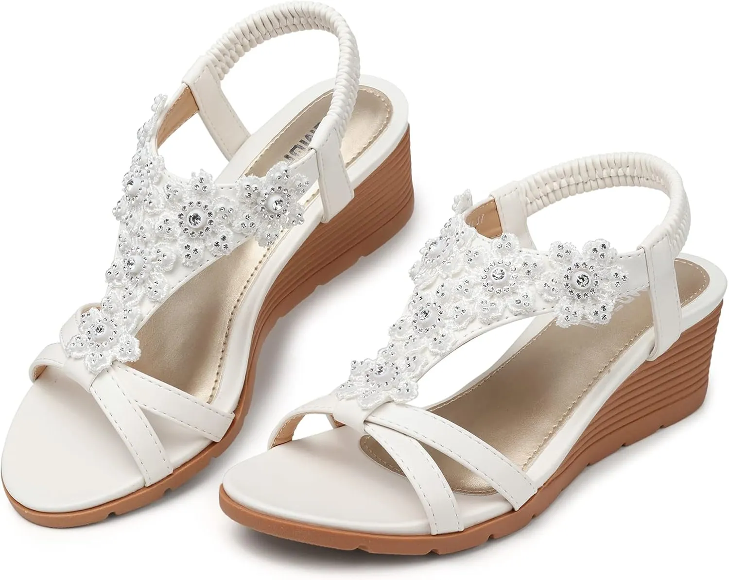 TEMOFON Women's Low Wedge Heels Summer Dressy Platform Sandals Elastic Ankle Strap Open Toe Flower Shoes