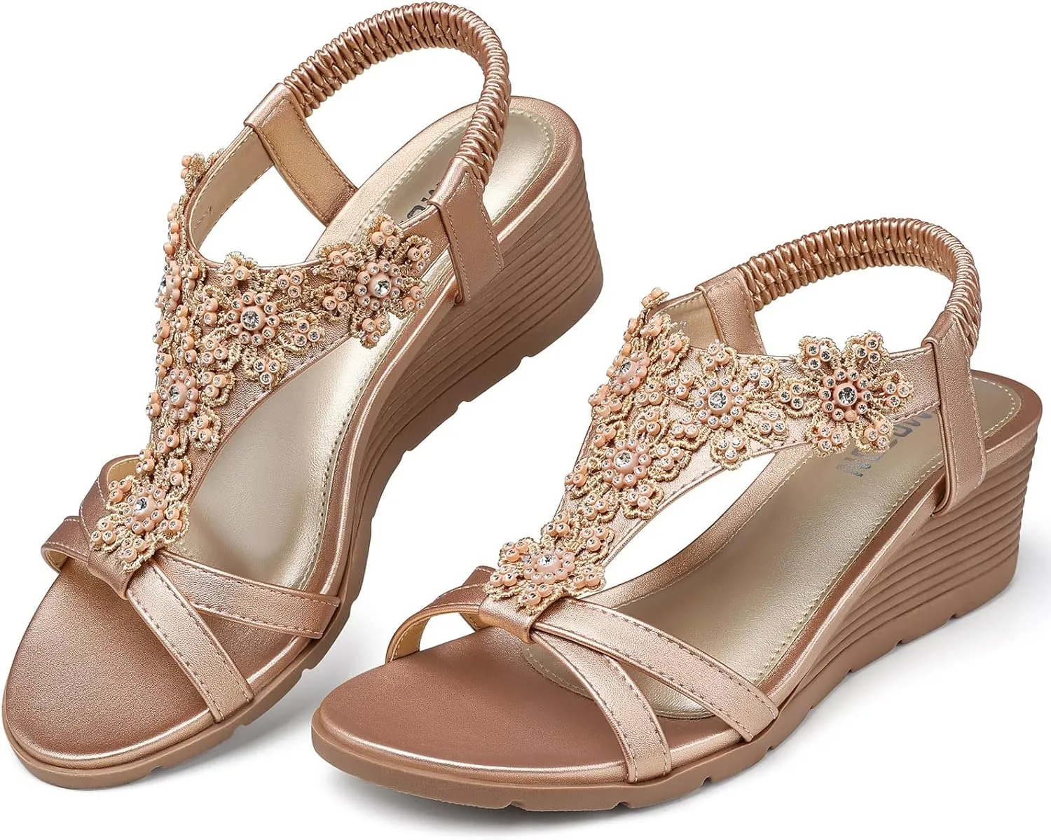 TEMOFON Women's Low Wedge Heels Summer Dressy Platform Sandals Elastic Ankle Strap Open Toe Flower Shoes