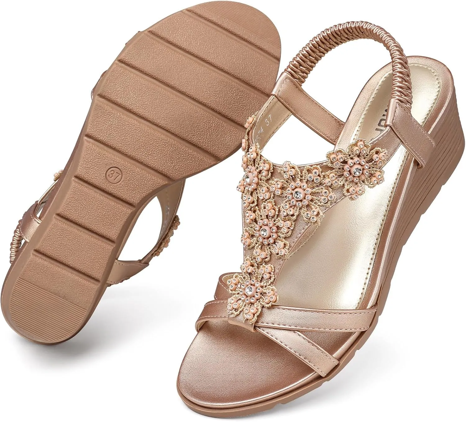 TEMOFON Women's Low Wedge Heels Summer Dressy Platform Sandals Elastic Ankle Strap Open Toe Flower Shoes