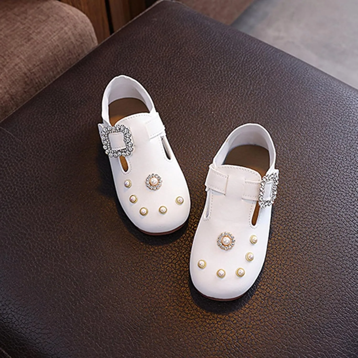 Toddler Girls Pearl Glitter Sandals Adjusted Buckle Ankle Closed Toe Shoes Baby Flat Non Slip Dance Wedding Sandals