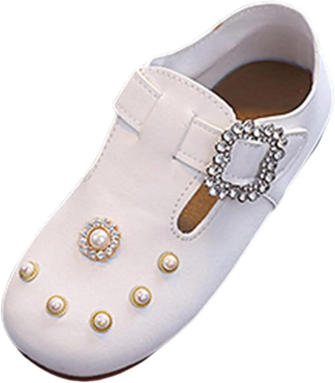 Toddler Girls Pearl Glitter Sandals Adjusted Buckle Ankle Closed Toe Shoes Baby Flat Non Slip Dance Wedding Sandals
