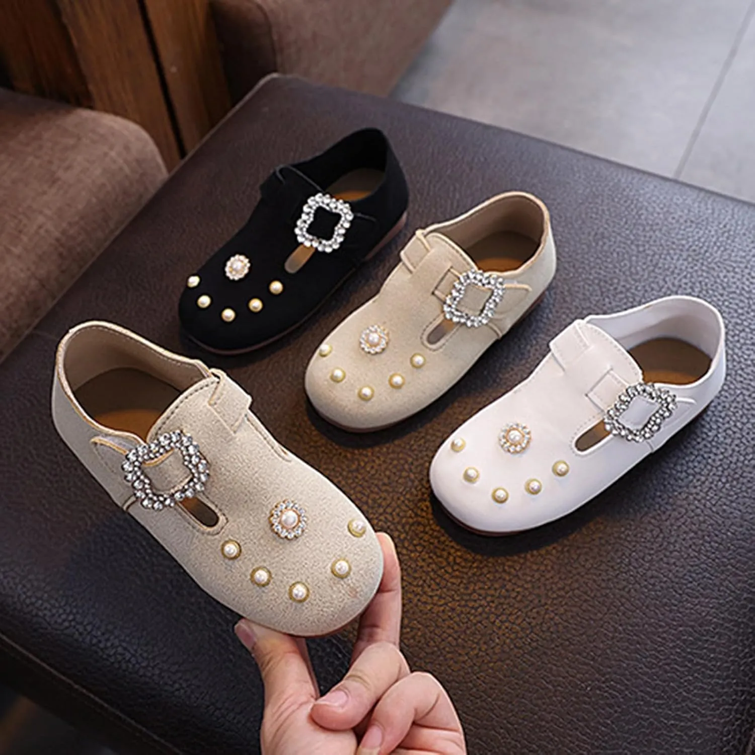 Toddler Girls Pearl Glitter Sandals Adjusted Buckle Ankle Closed Toe Shoes Baby Flat Non Slip Dance Wedding Sandals