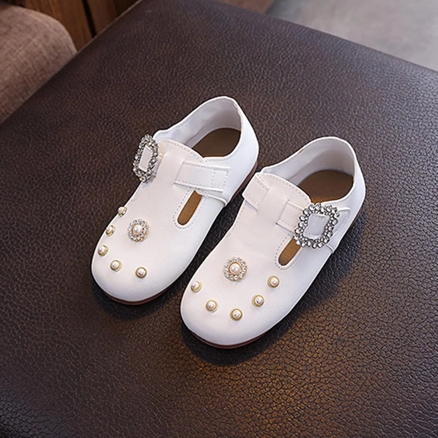 Toddler Girls Pearl Glitter Sandals Adjusted Buckle Ankle Closed Toe Shoes Baby Flat Non Slip Dance Wedding Sandals