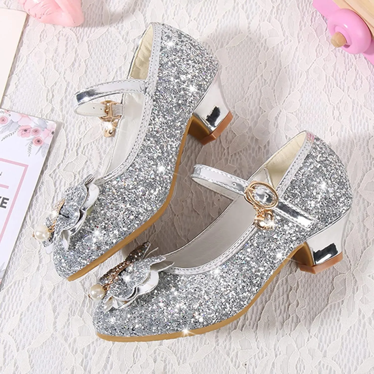 Toddler Girls Sparkly Shoes Low Heels Dress Up Glitter Bowknot Kids Buckle Mary Jane Sandals Wedding