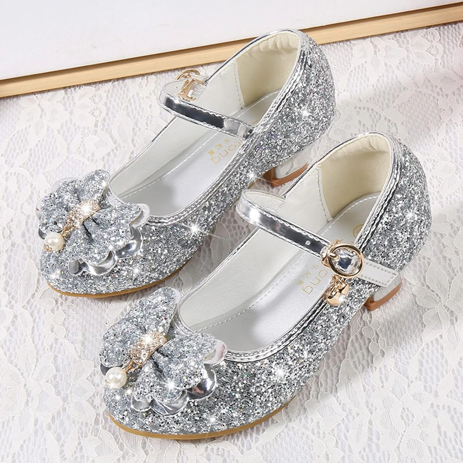 Toddler Girls Sparkly Shoes Low Heels Dress Up Glitter Bowknot Kids Buckle Mary Jane Sandals Wedding