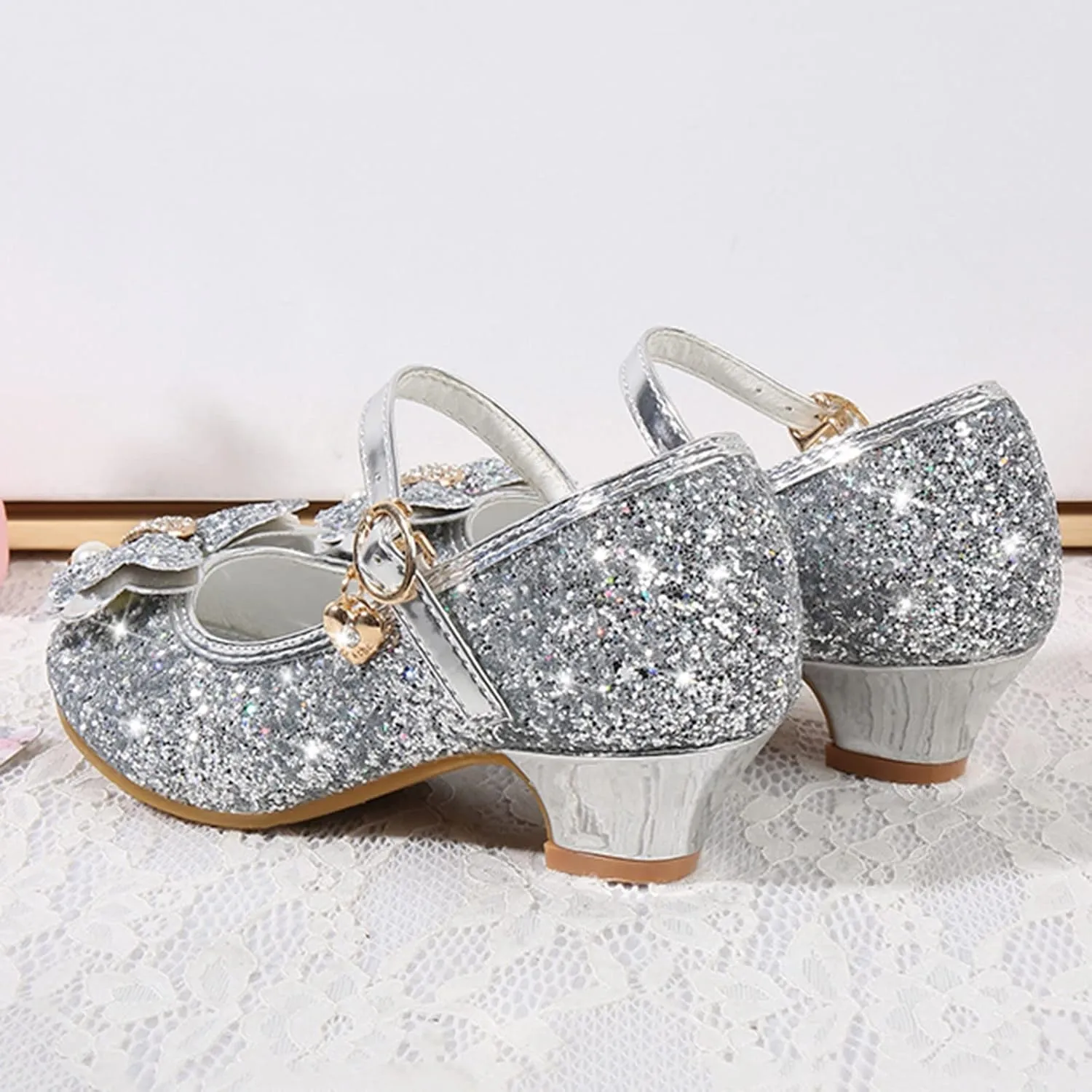 Toddler Girls Sparkly Shoes Low Heels Dress Up Glitter Bowknot Kids Buckle Mary Jane Sandals Wedding