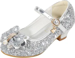 Toddler Girls Sparkly Shoes Low Heels Dress Up Glitter Bowknot Kids Buckle Mary Jane Sandals Wedding
