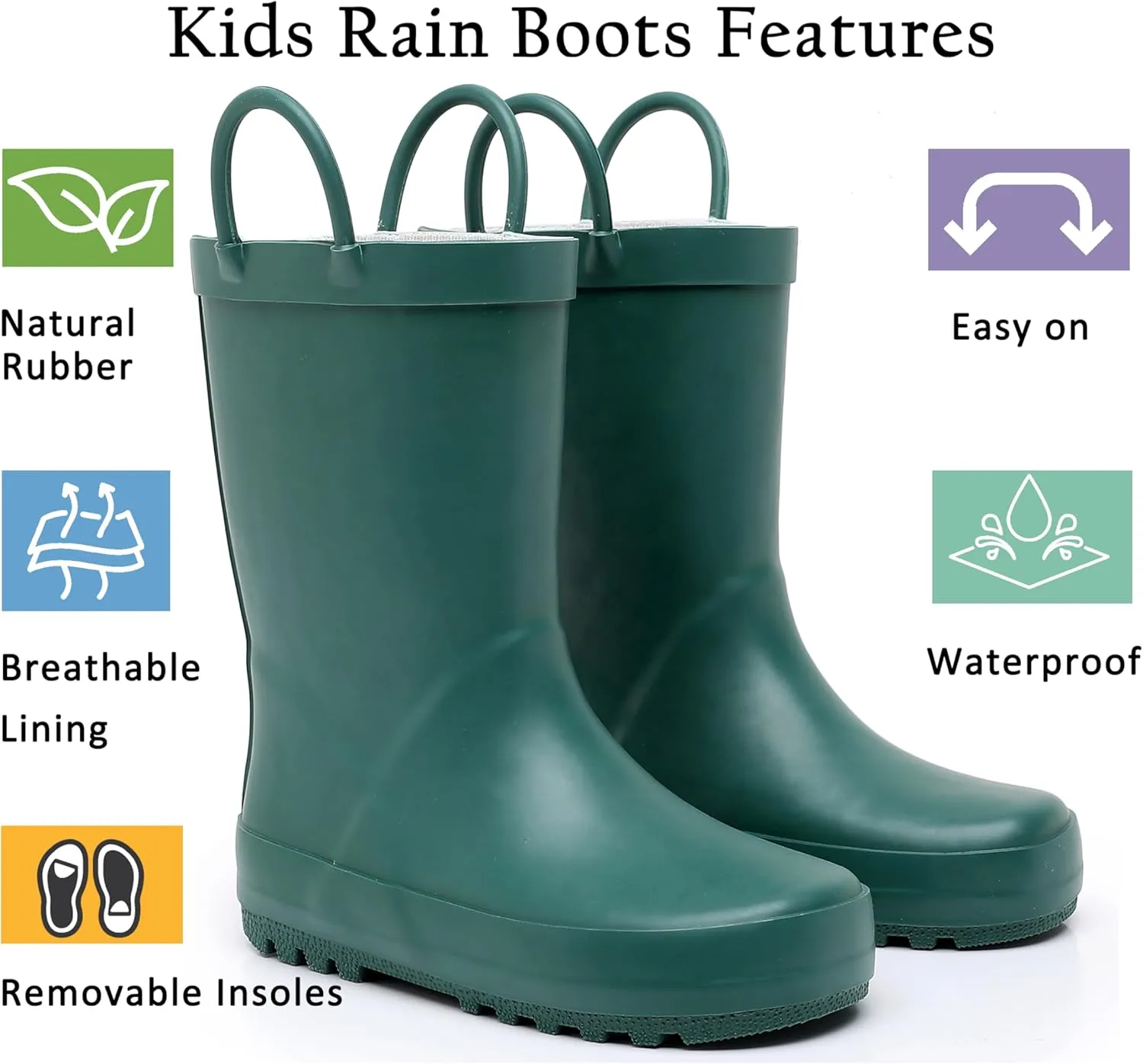 Toddler Rain Boots for Boys and Girls Waterproof Rubber Kids Rain Boots with Easy on Handles All-season