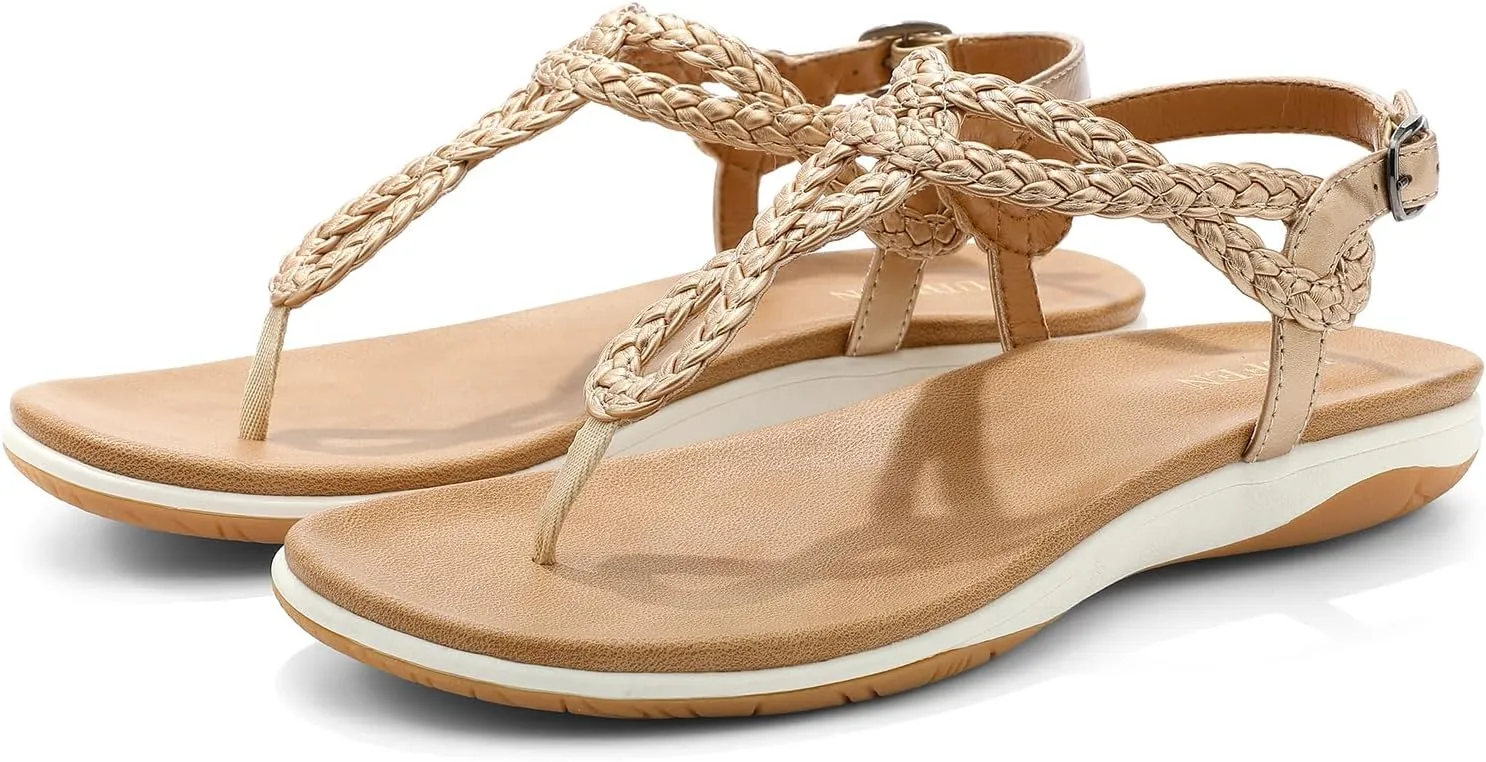 UBFEN Womens Flat Sandals Dress Braided T-Strap Thong Sandals with Arch Support Comfortable for Walking