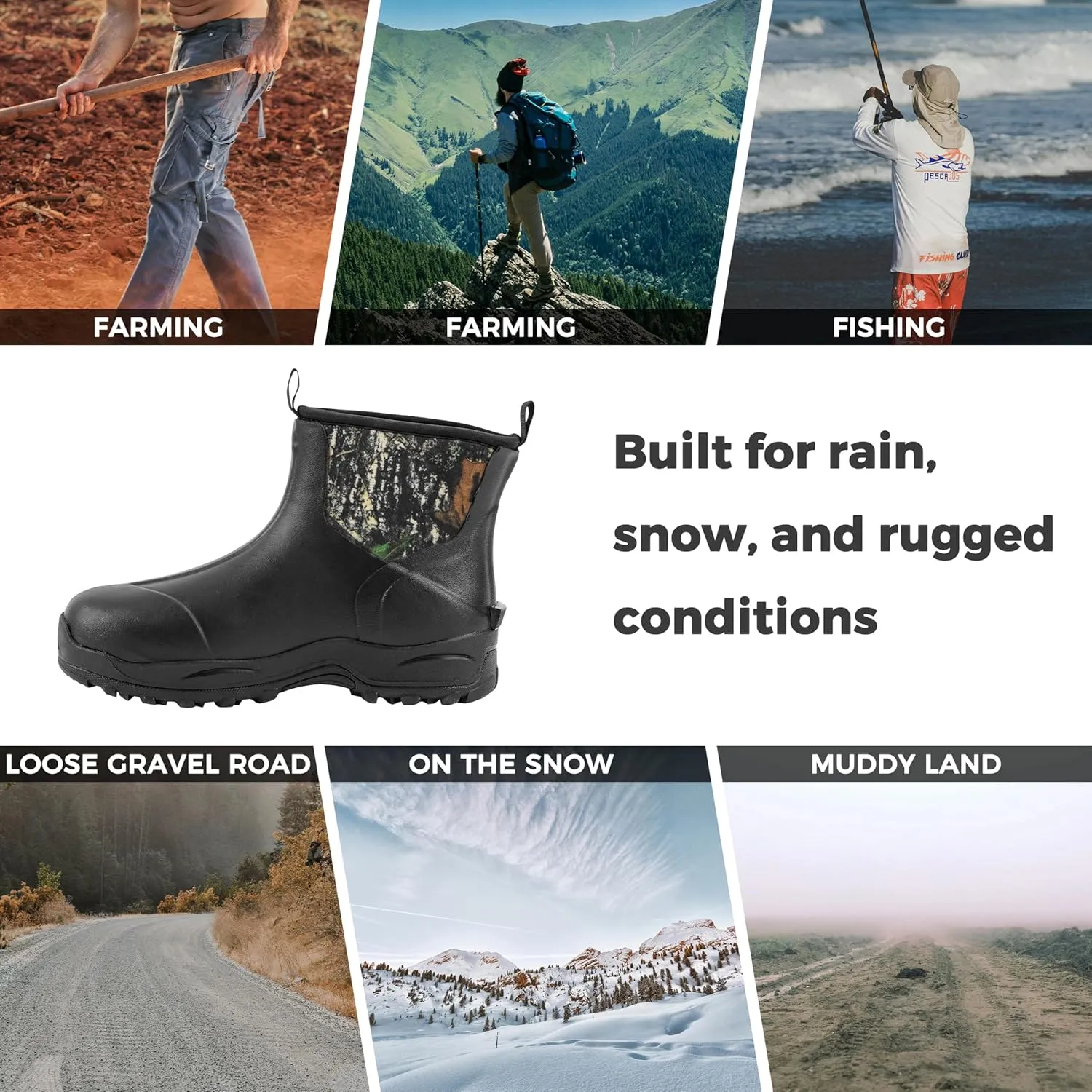 Ubon Men's Short Ankle Rubber Rain Boots Waterproof, Slip On Insulated Mud Work Rainboots Garden Shoes