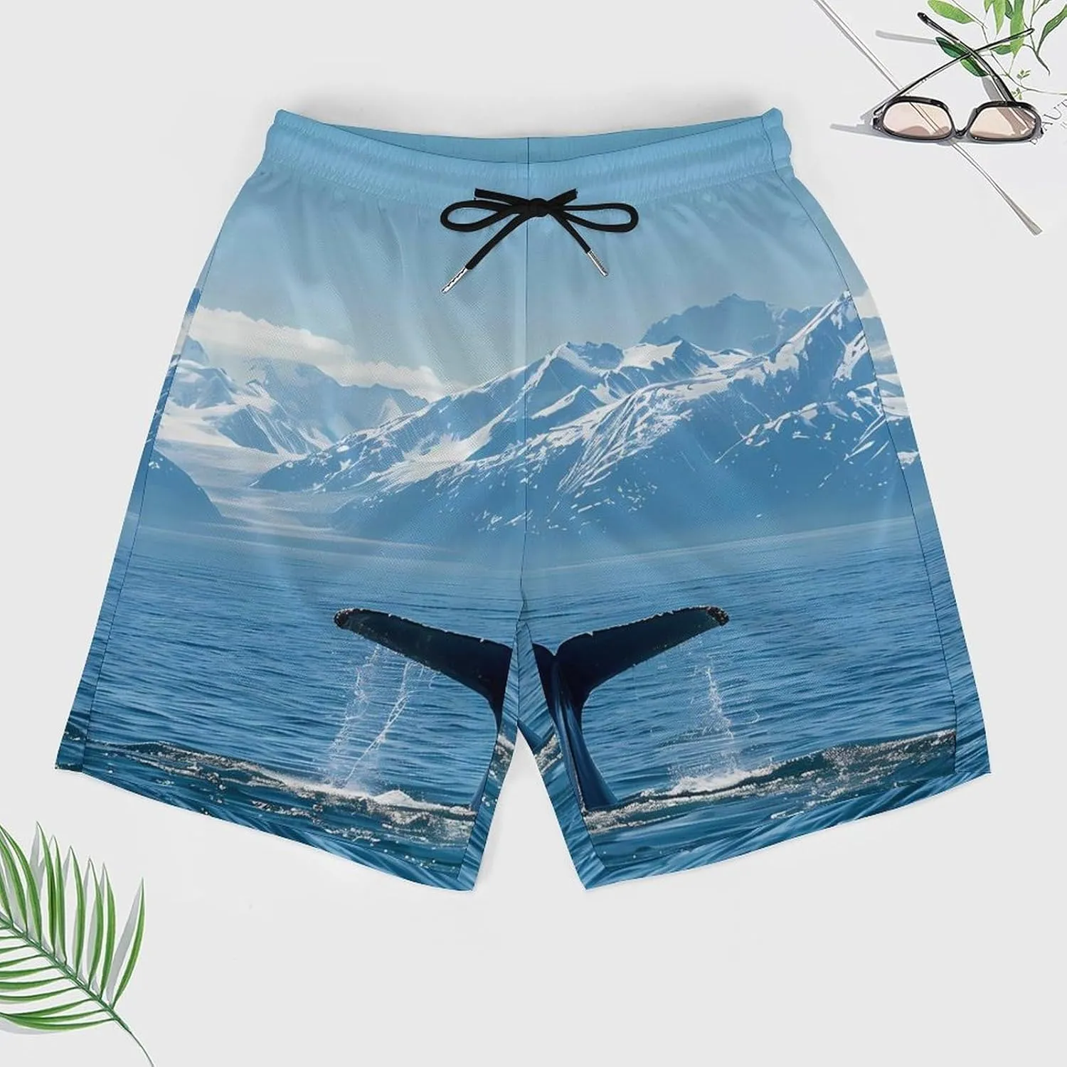 USA Alaska Whale Tail in Mountaines Men's Swim Trunks Quick Dry Board Shorts Swimwear Beach Shorts with Compression Liner