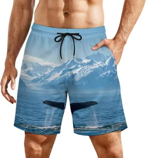USA Alaska Whale Tail in Mountaines Men's Swim Trunks Quick Dry Board Shorts Swimwear Beach Shorts with Compression Liner