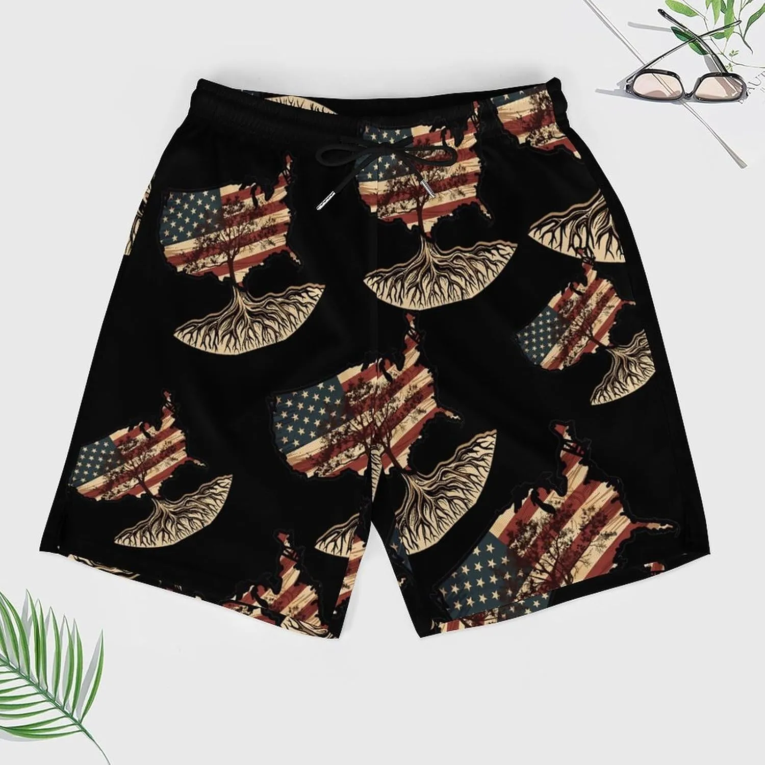 USA Flag Map Assyrian Tree Roots Men's Swim Trunks Quick Dry Board Shorts Swimwear Beach Shorts with Compression Liner