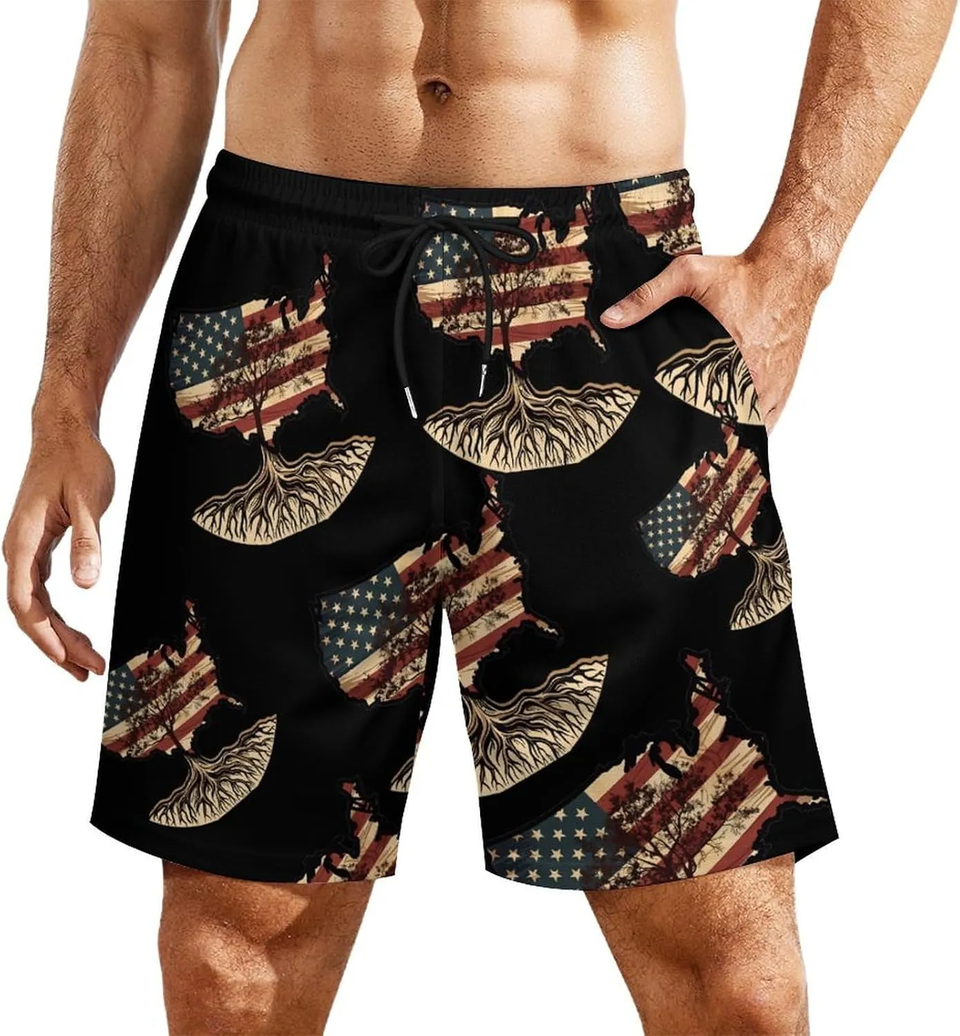 USA Flag Map Assyrian Tree Roots Men's Swim Trunks Quick Dry Board Shorts Swimwear Beach Shorts with Compression Liner