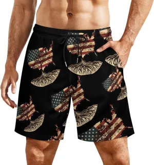 USA Flag Map Assyrian Tree Roots Men's Swim Trunks Quick Dry Board Shorts Swimwear Beach Shorts with Compression Liner