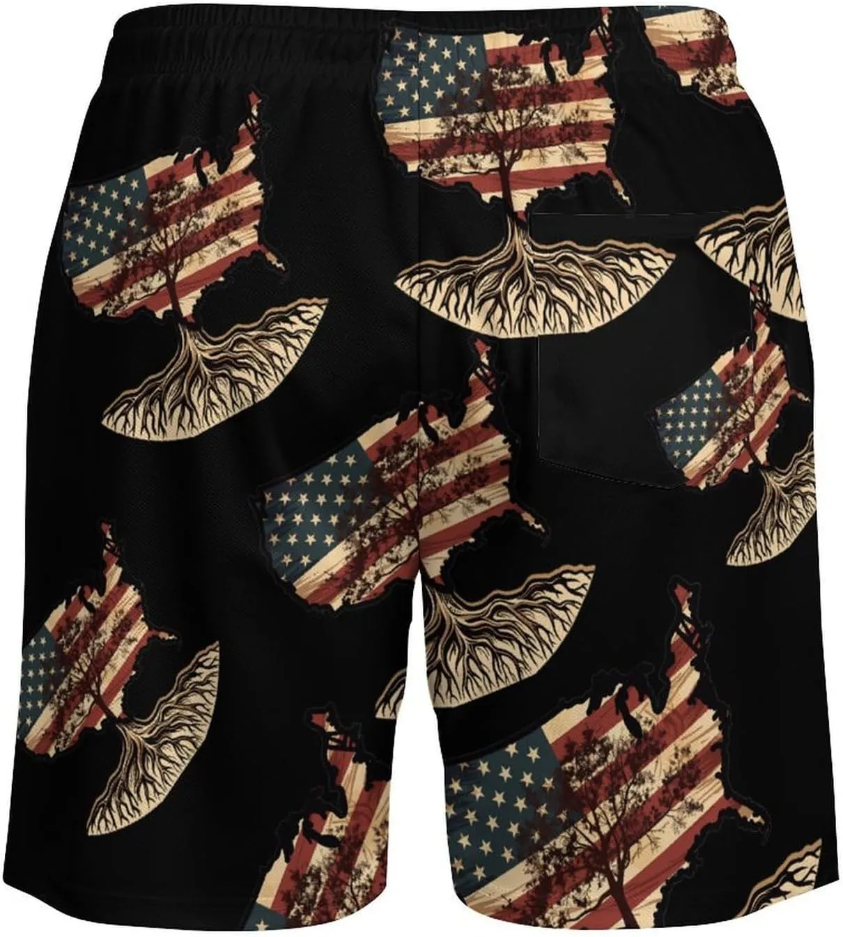 USA Flag Map Assyrian Tree Roots Men's Swim Trunks Quick Dry Board Shorts Swimwear Beach Shorts with Compression Liner