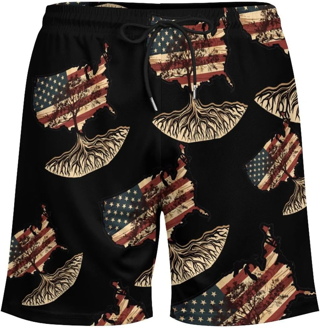 USA Flag Map Assyrian Tree Roots Men's Swim Trunks Quick Dry Board Shorts Swimwear Beach Shorts with Compression Liner