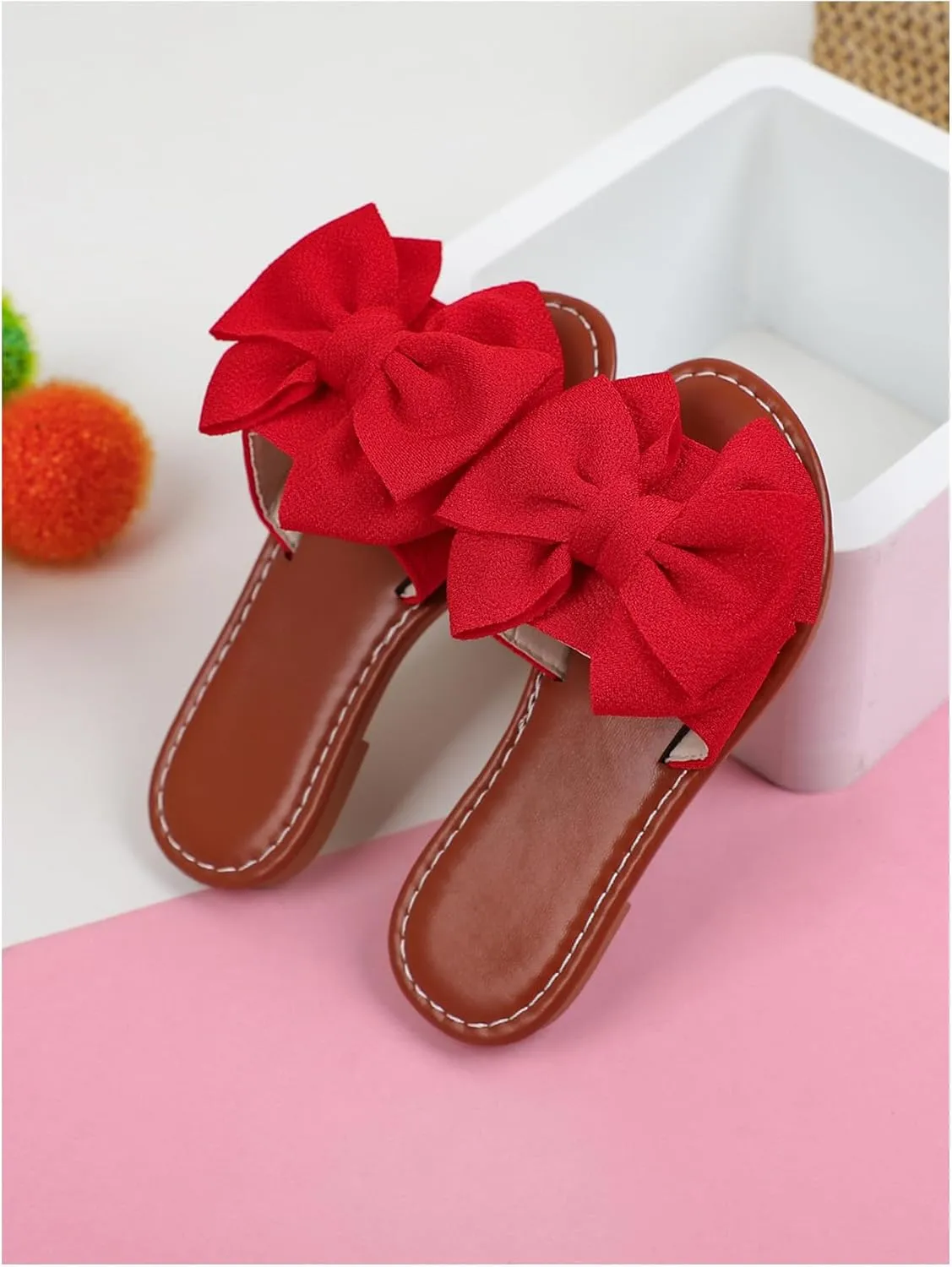 Verdusa Girl's 3D Bow PU Leather Slip on Slippers Color Block Open Toe Flat Sandals