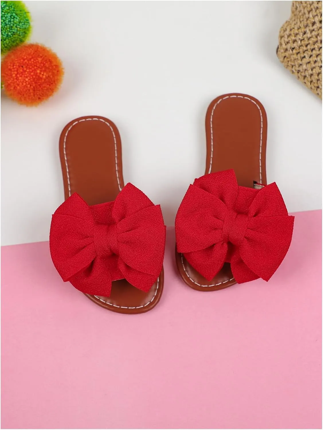 Verdusa Girl's 3D Bow PU Leather Slip on Slippers Color Block Open Toe Flat Sandals