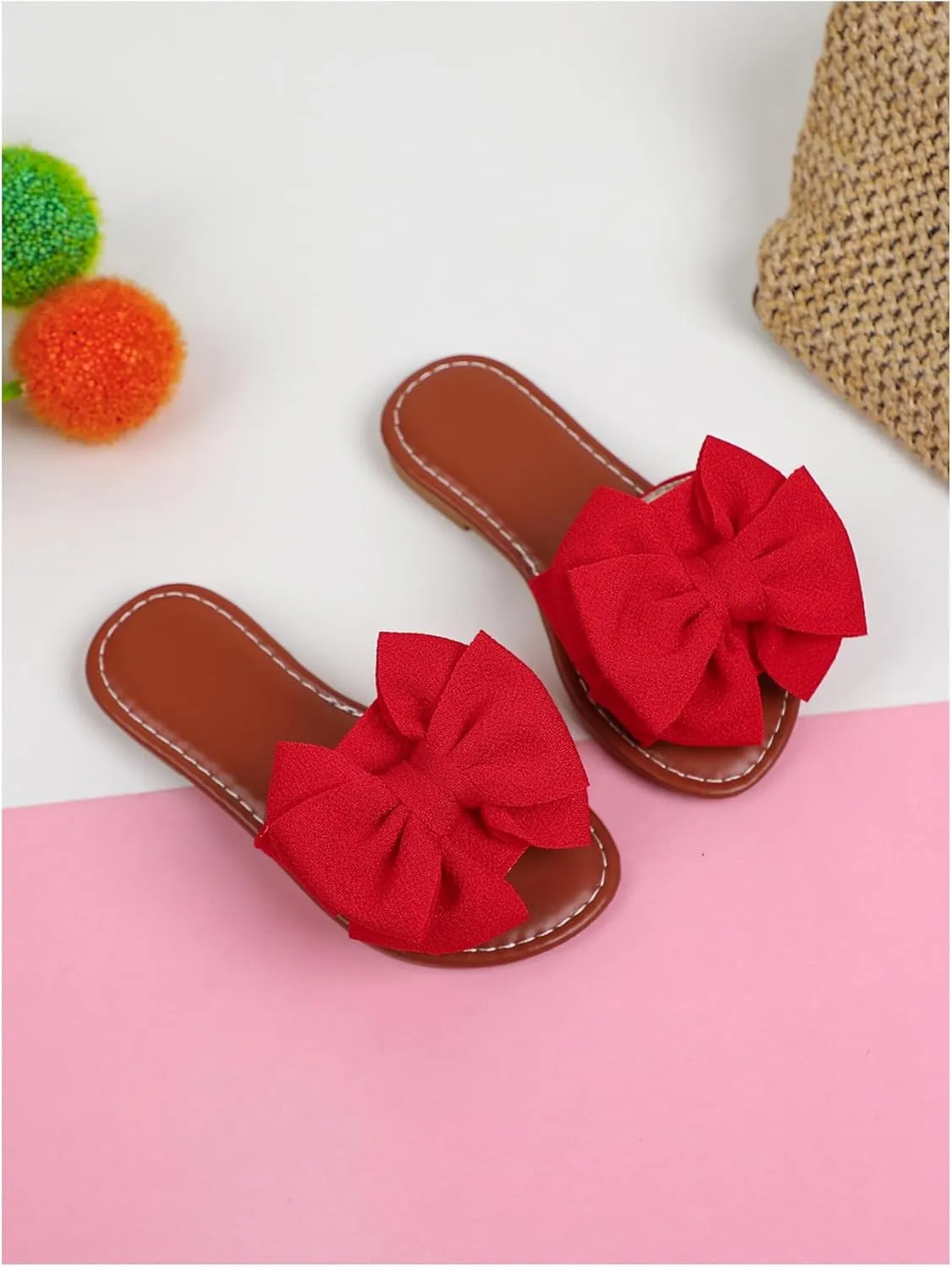 Verdusa Girl's 3D Bow PU Leather Slip on Slippers Color Block Open Toe Flat Sandals