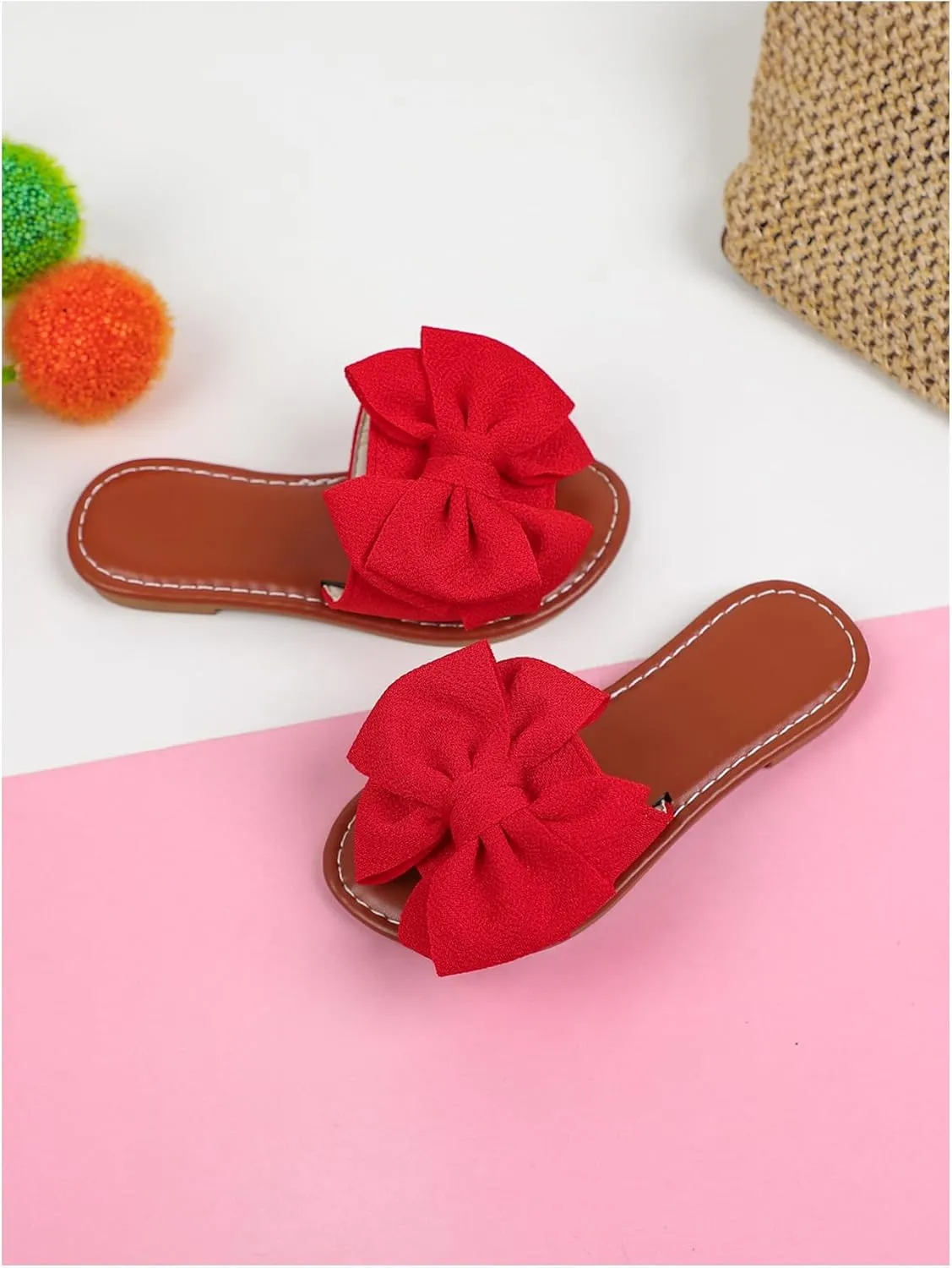 Verdusa Girl's 3D Bow PU Leather Slip on Slippers Color Block Open Toe Flat Sandals