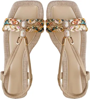 Verdusa Women's Rhinestone Decor Leather Flat Sandals Slip on Open Toe Sandals