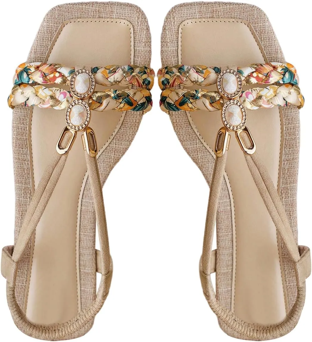 Verdusa Women's Rhinestone Decor Leather Flat Sandals Slip on Open Toe Sandals