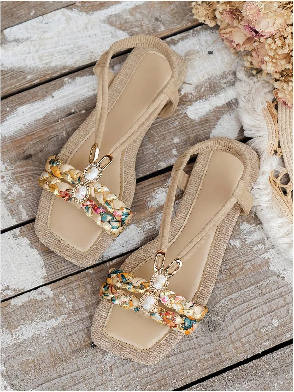 Verdusa Women's Rhinestone Decor Leather Flat Sandals Slip on Open Toe Sandals