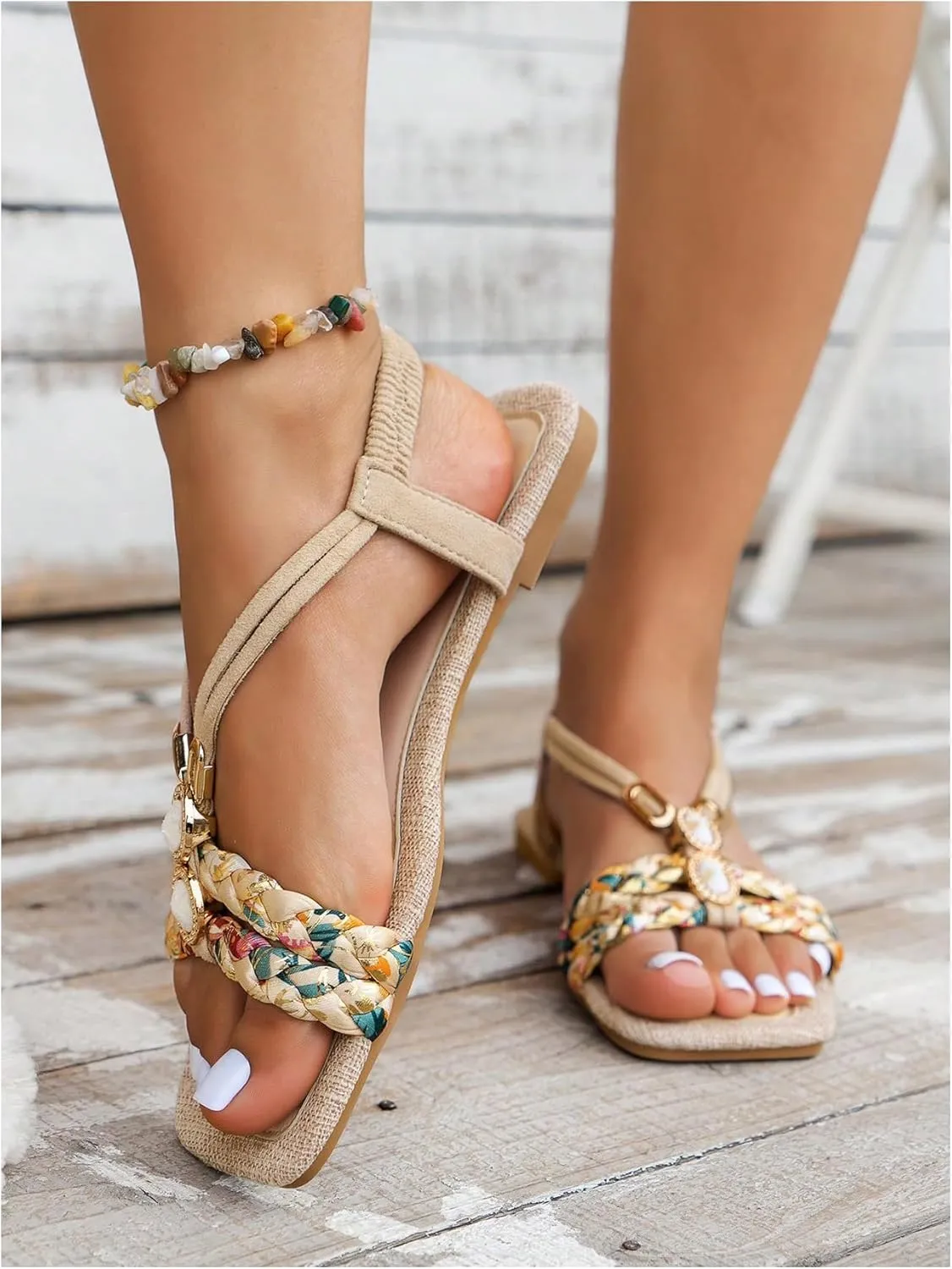 Verdusa Women's Rhinestone Decor Leather Flat Sandals Slip on Open Toe Sandals