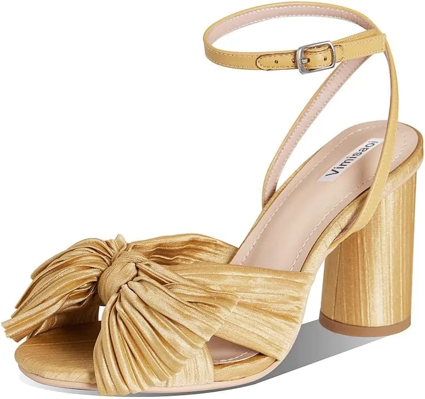 VIMISAOI Women's Bow Knot Heeled Sandals Open Toe High Block Chunky Heels Ankle Buckle Strap Pleated Bride Wedding Party Dress Shoes