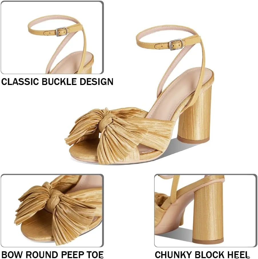 VIMISAOI Women's Bow Knot Heeled Sandals Open Toe High Block Chunky Heels Ankle Buckle Strap Pleated Bride Wedding Party Dress Shoes