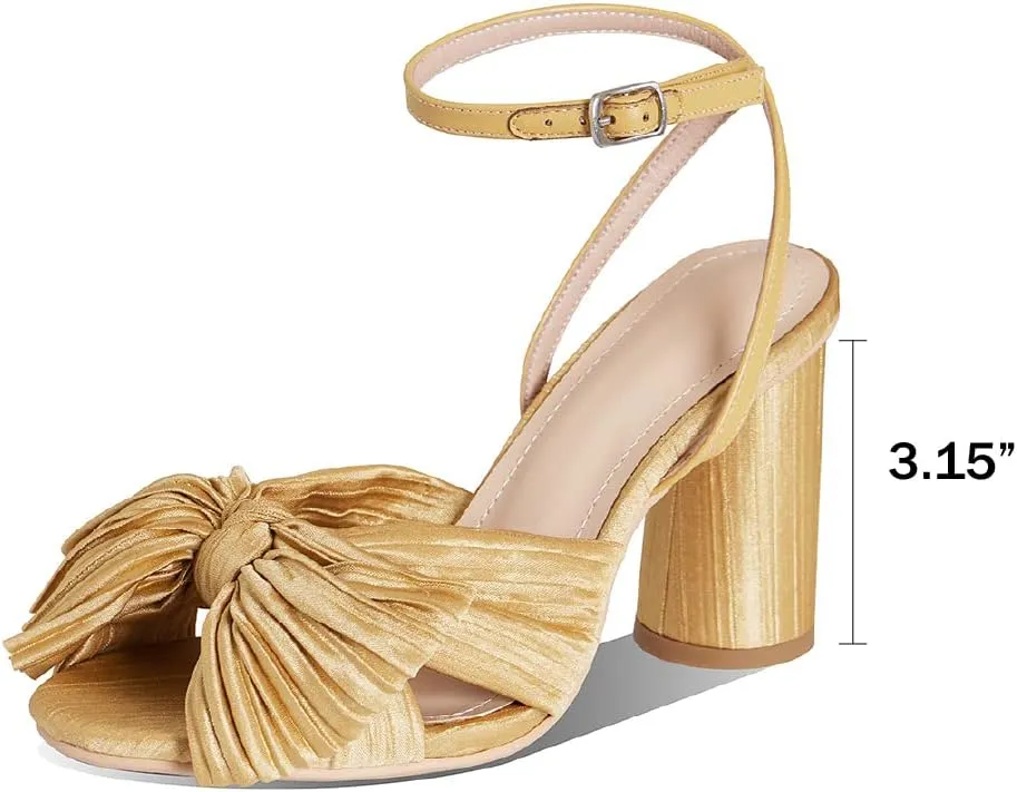 VIMISAOI Women's Bow Knot Heeled Sandals Open Toe High Block Chunky Heels Ankle Buckle Strap Pleated Bride Wedding Party Dress Shoes