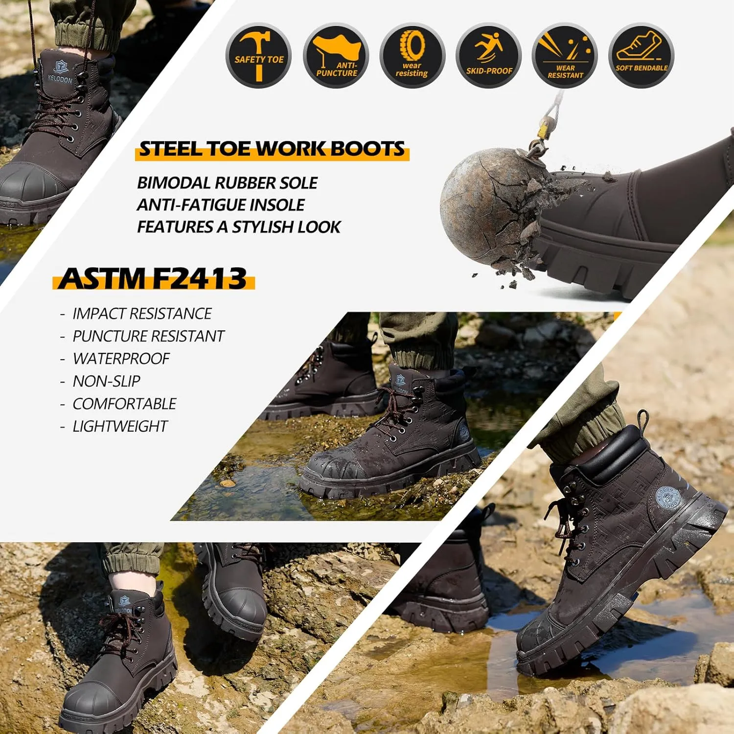 Waterproof Steel Toe Boots For Men 6 Inch Leather Steel Toe Shoes Non Slip Resistant Safety Work Boots Indestructible Lightweight Construction Boot With Composite Toe