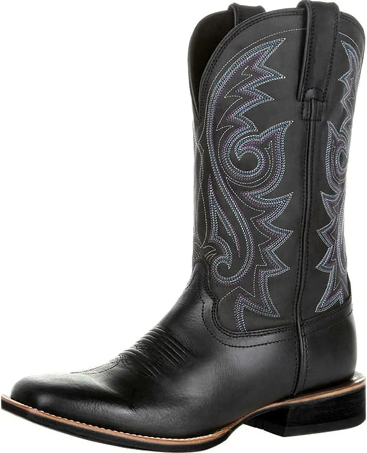Western Cowboy Boots for Men,Western Square Toe Cowboy Boots Retro Leather Embroidery Casual Chunky Heel Wide Calf Pull On Boots