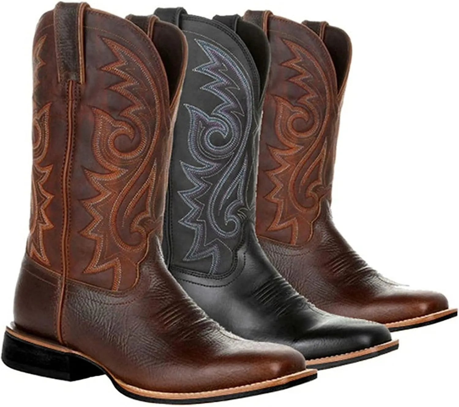 Western Cowboy Boots for Men,Western Square Toe Cowboy Boots Retro Leather Embroidery Casual Chunky Heel Wide Calf Pull On Boots