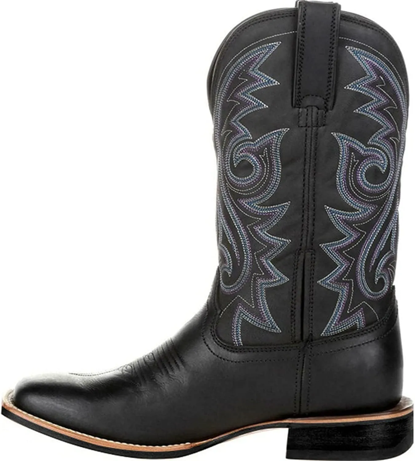 Western Cowboy Boots for Men,Western Square Toe Cowboy Boots Retro Leather Embroidery Casual Chunky Heel Wide Calf Pull On Boots