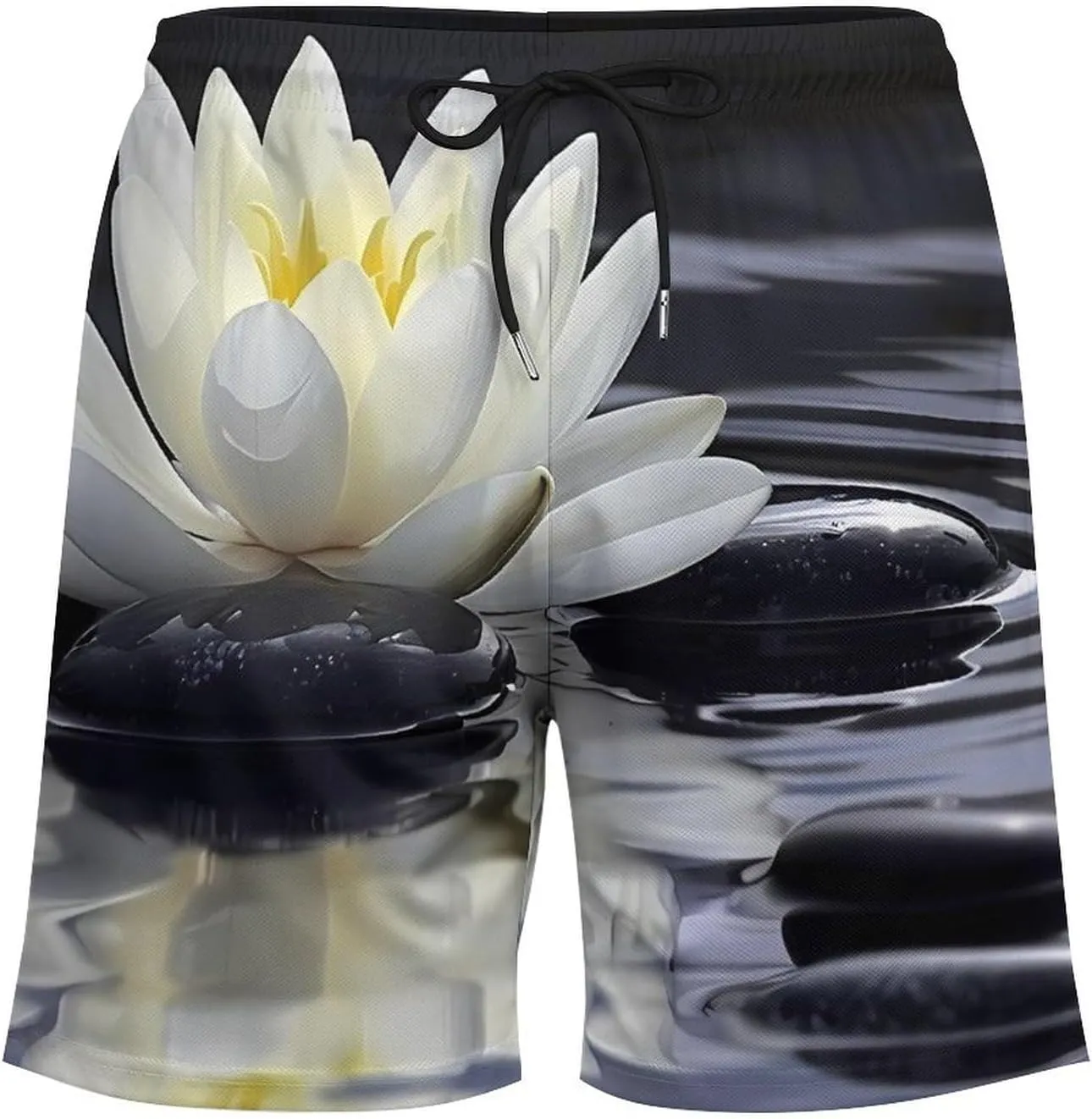 White Lotuses and Black Zen Stones Men's Swim Trunks Quick Dry Board Shorts Swimwear Beach Shorts with Compression Liner