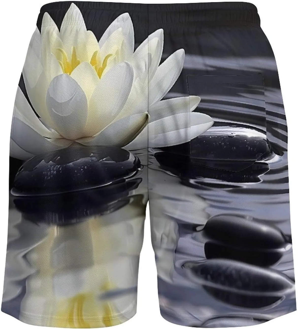 White Lotuses and Black Zen Stones Men's Swim Trunks Quick Dry Board Shorts Swimwear Beach Shorts with Compression Liner