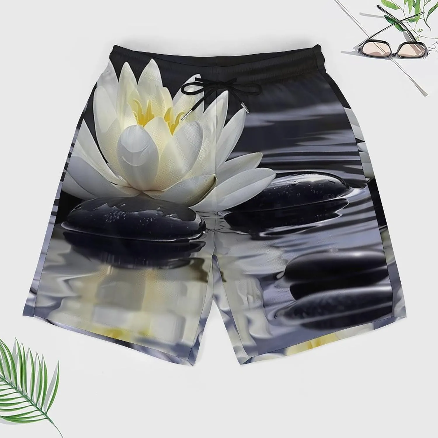 White Lotuses and Black Zen Stones Men's Swim Trunks Quick Dry Board Shorts Swimwear Beach Shorts with Compression Liner
