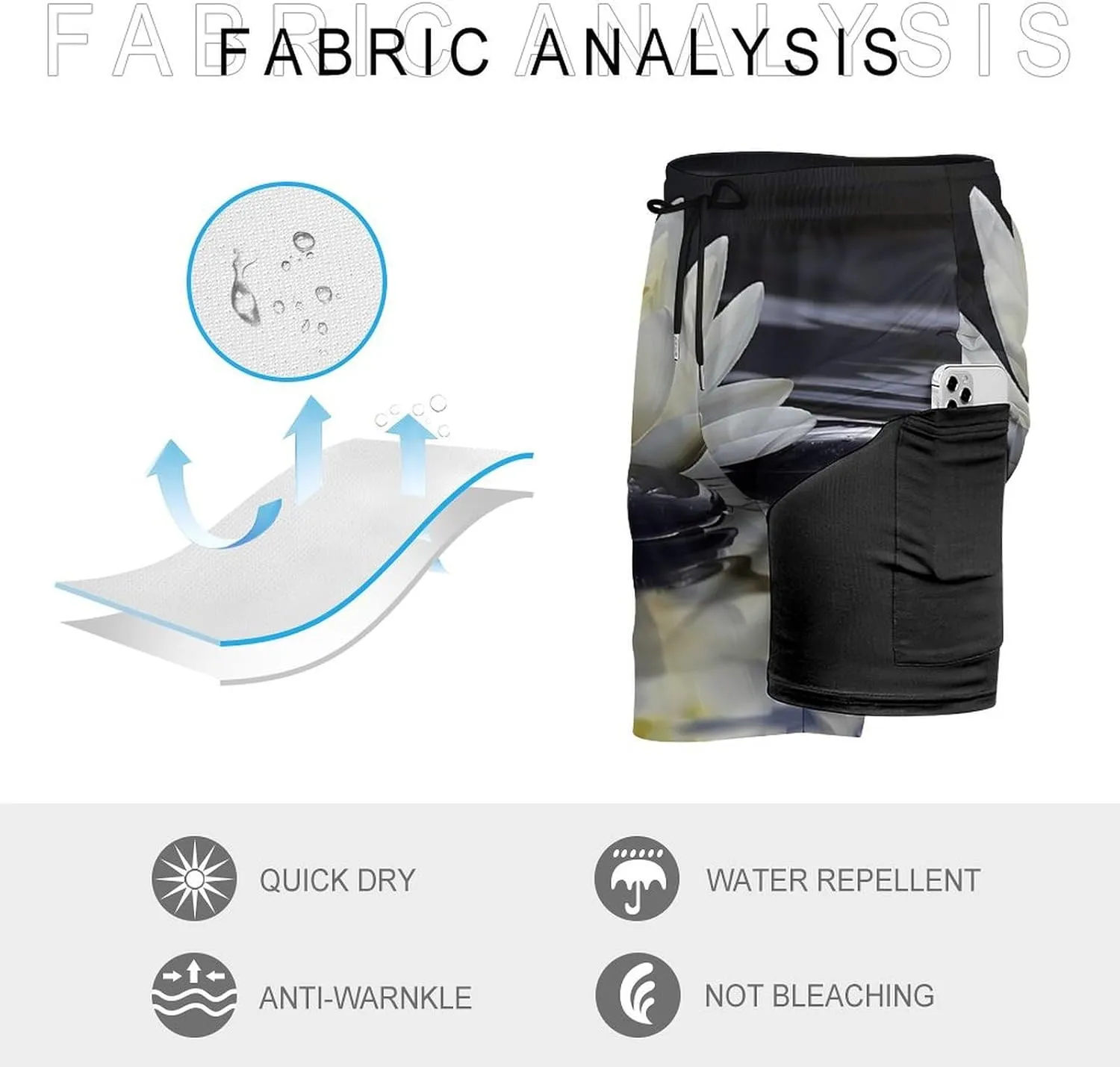 White Lotuses and Black Zen Stones Men's Swim Trunks Quick Dry Board Shorts Swimwear Beach Shorts with Compression Liner