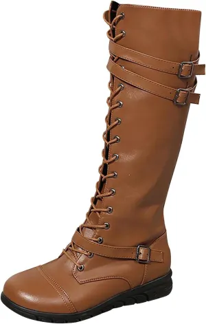 wodceeke Women's Knee High Riding Combat Boots Lace Up Wide Calf Leather Boots Side Zippr Fashion Buckle Boots