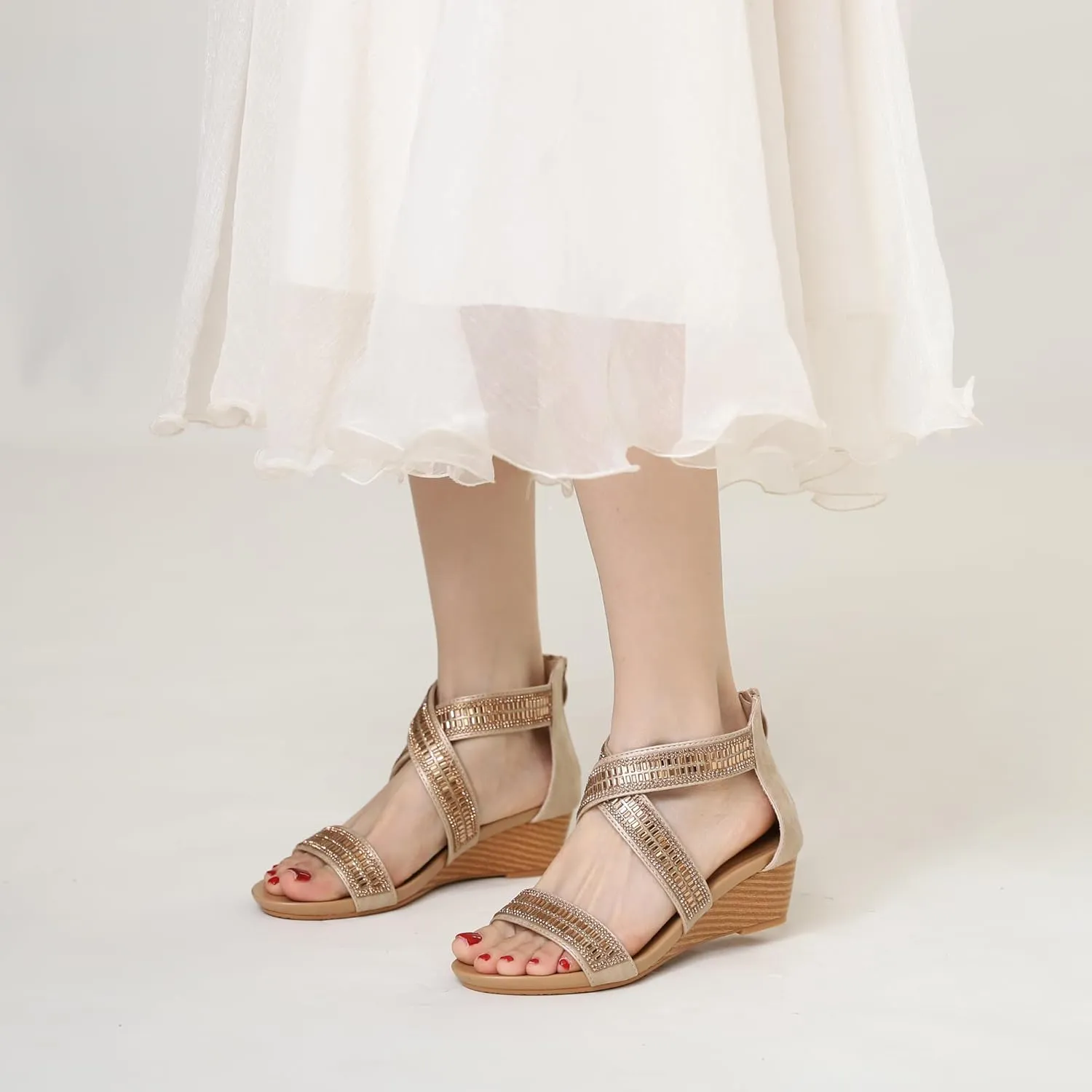 WOJWSKI Wedge Sandals for Women Bohemia Rhinestone Open Toe Roman Heel Zipper Summer Dressy Women's Beach Casual Shoes