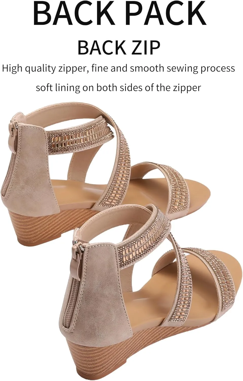 WOJWSKI Wedge Sandals for Women Bohemia Rhinestone Open Toe Roman Heel Zipper Summer Dressy Women's Beach Casual Shoes