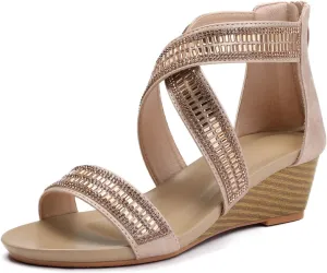 WOJWSKI Wedge Sandals for Women Bohemia Rhinestone Open Toe Roman Heel Zipper Summer Dressy Women's Beach Casual Shoes