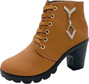 Women Boots Round Toe Chunky Heel Crystal Pendant Ankle Boots Lug Sole Lace up Trendy Dressy Shining Boots for Women