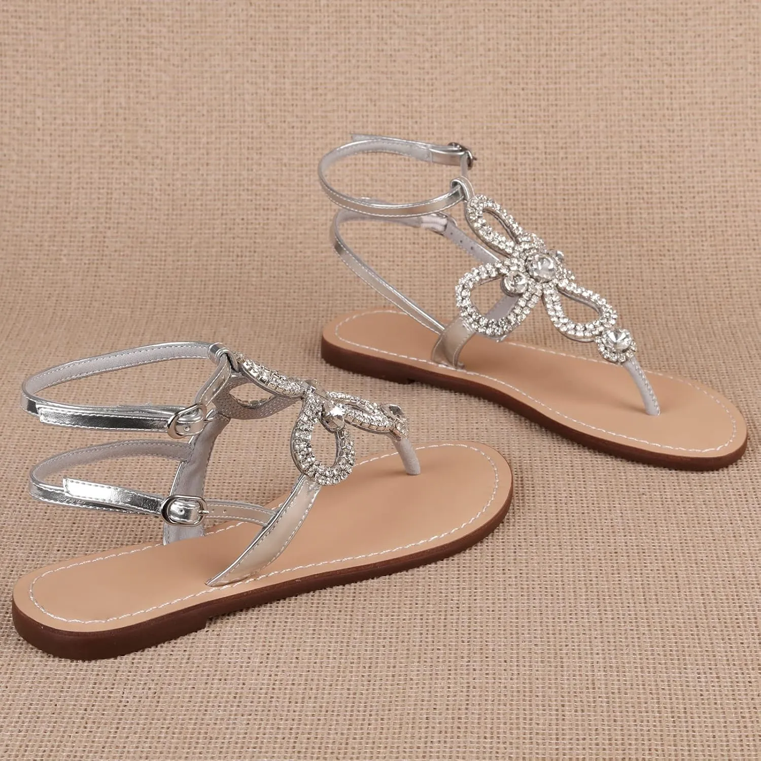 Women Rhinestone Flat Sandals Ankle Strap Summer Gold Silver Gladiator Shiny Gem Sandals Dressy Bridal Beach Bohemian Rhinestone Sandals For Wedding