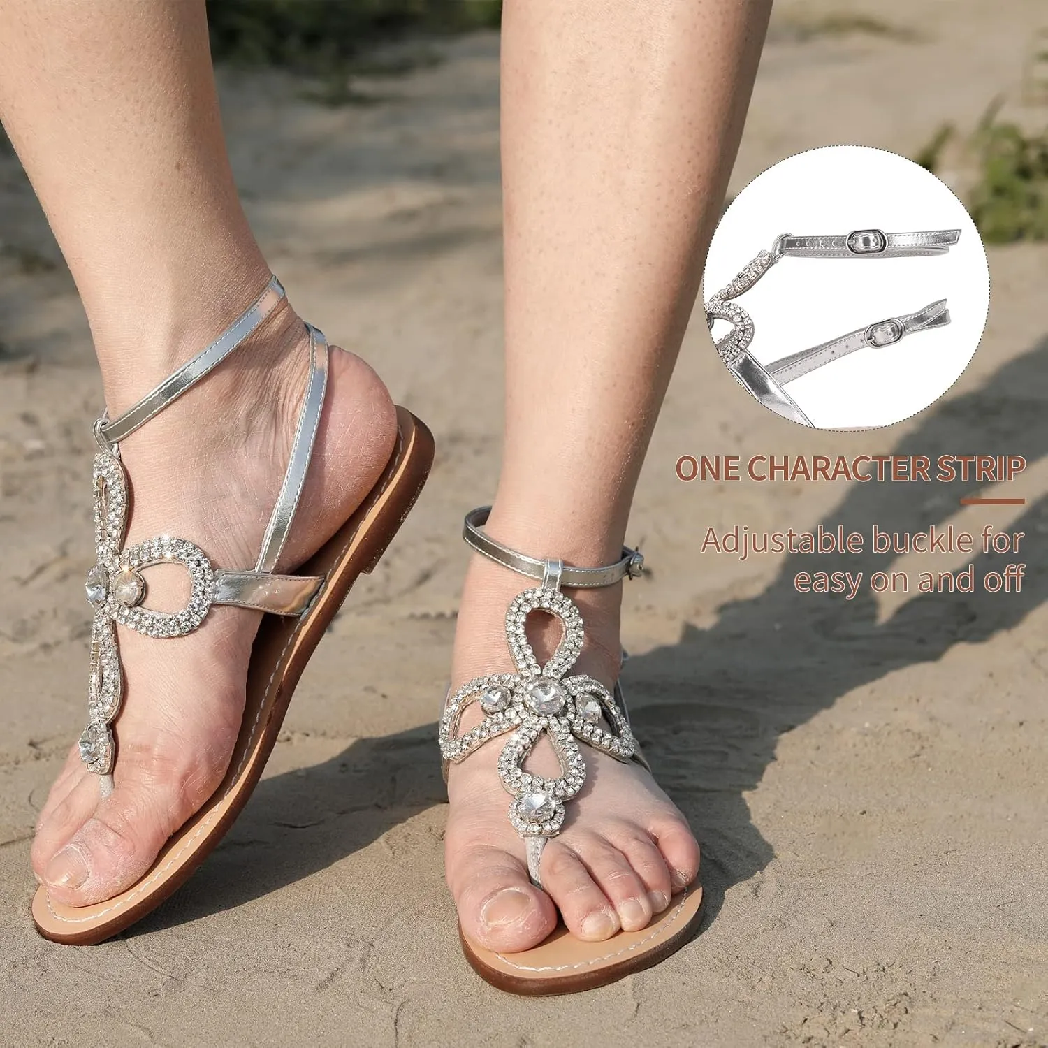Women Rhinestone Flat Sandals Ankle Strap Summer Gold Silver Gladiator Shiny Gem Sandals Dressy Bridal Beach Bohemian Rhinestone Sandals For Wedding
