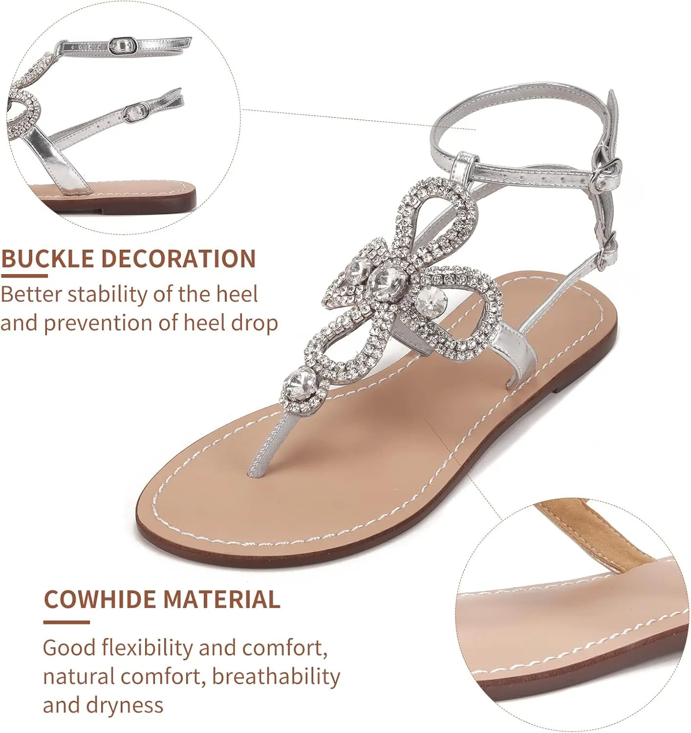 Women Rhinestone Flat Sandals Ankle Strap Summer Gold Silver Gladiator Shiny Gem Sandals Dressy Bridal Beach Bohemian Rhinestone Sandals For Wedding