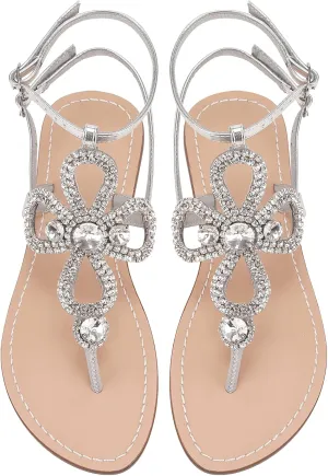 Women Rhinestone Flat Sandals Ankle Strap Summer Gold Silver Gladiator Shiny Gem Sandals Dressy Bridal Beach Bohemian Rhinestone Sandals For Wedding